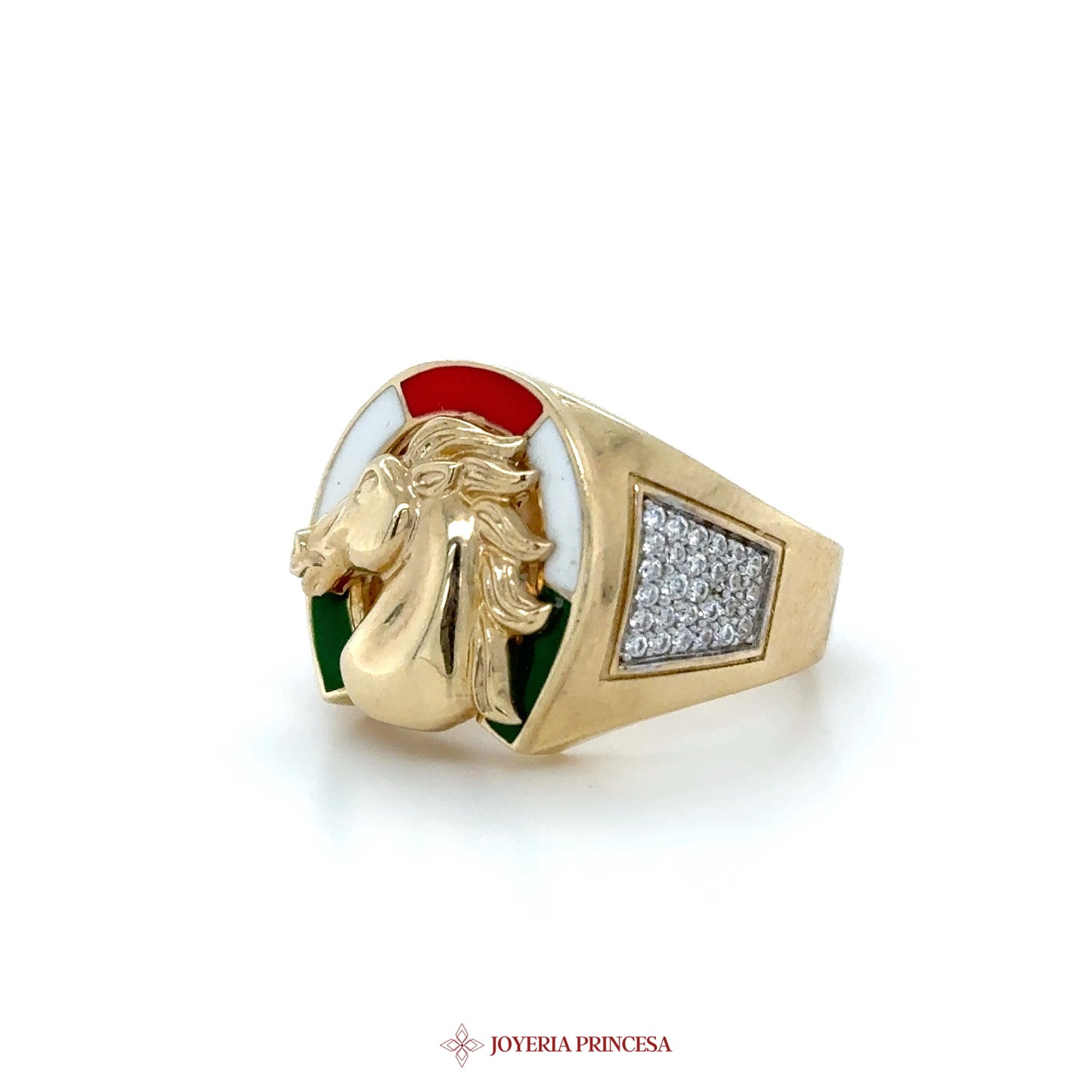 10K Gold Horse Motif Ring with Italian Flag Colors