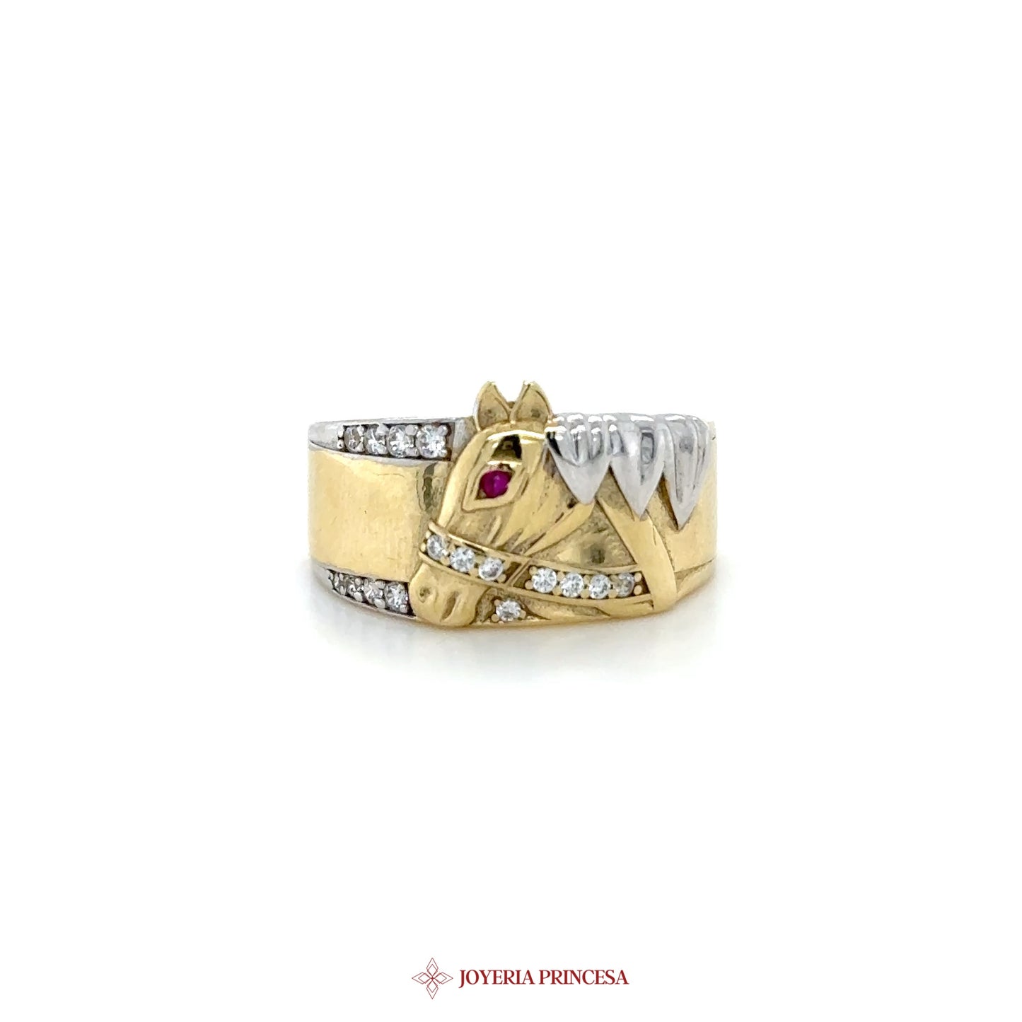 10K Gold Horse Head Ring with Ruby and CZ Accents