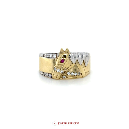 10K Gold Horse Head Ring with Ruby and CZ Accents