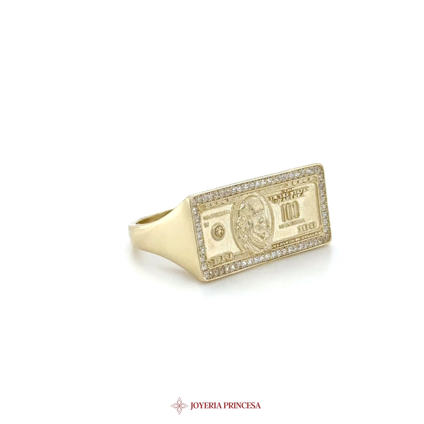 10K Gold Dollar Bill Ring with CZ Stones