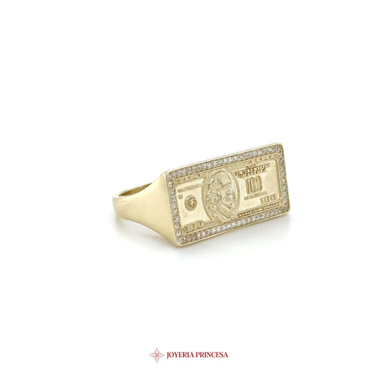 10K Gold Dollar Bill Ring with CZ Stones