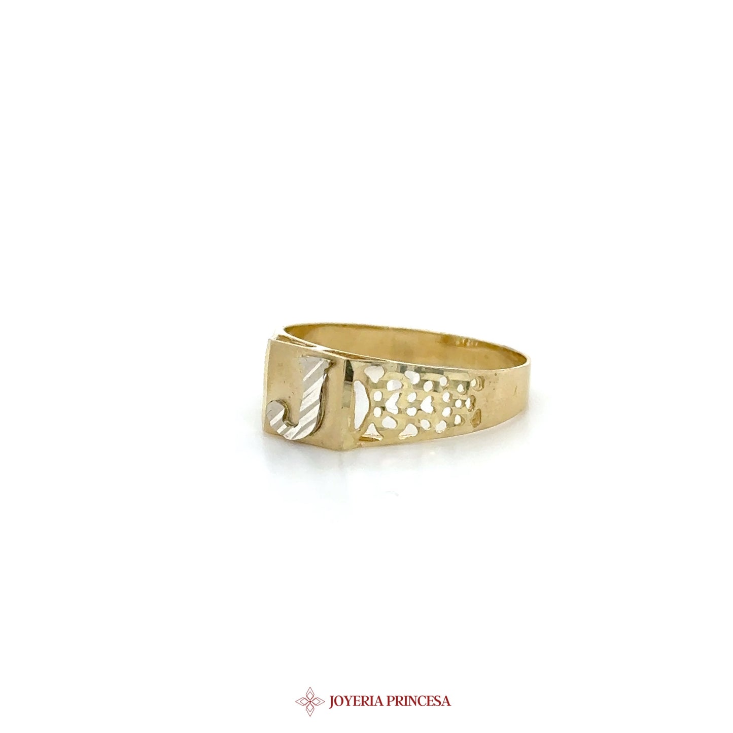 10K Yellow Gold Initial 'J' Ring with Textured Band