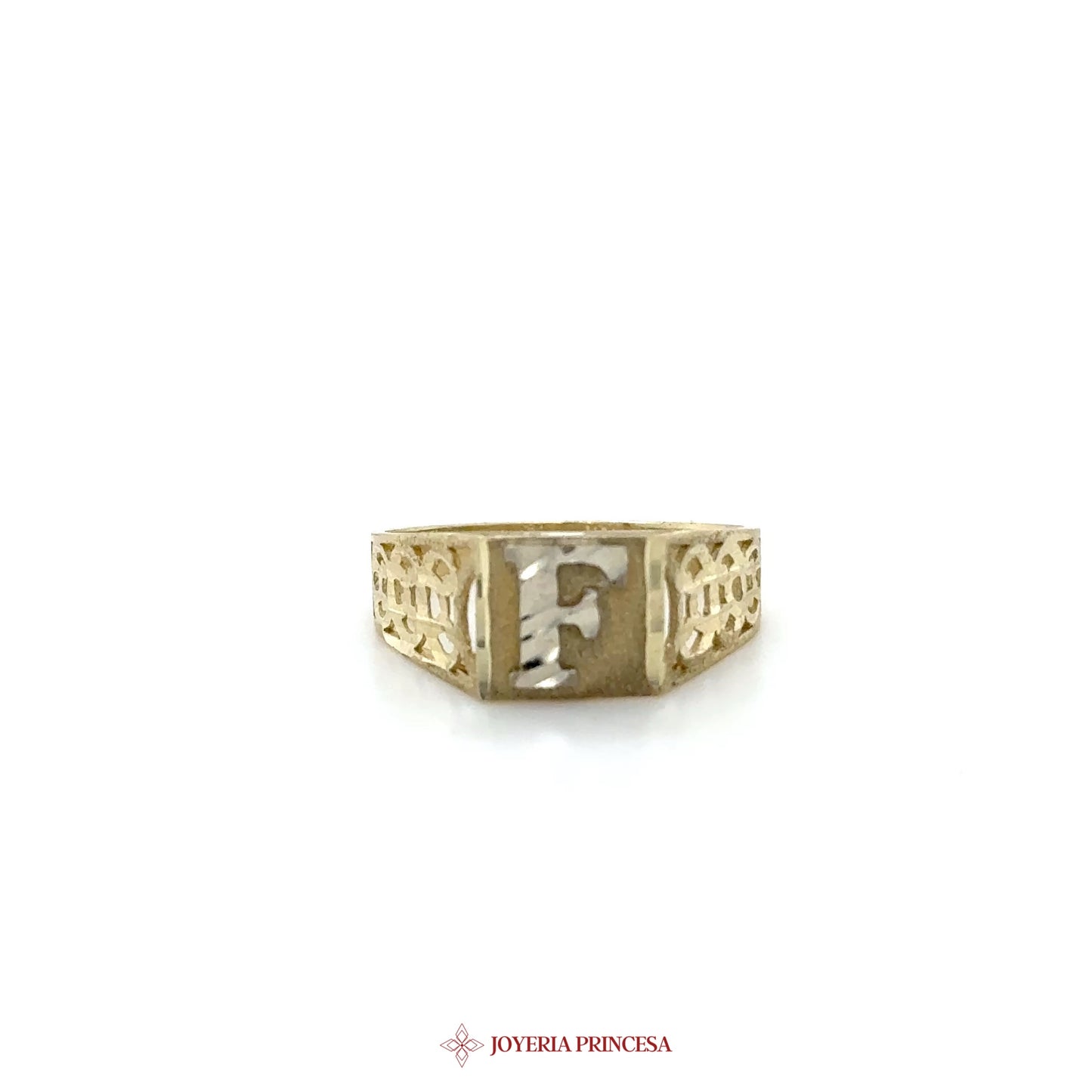 10K Gold Initial F Signet Ring with Hollow Design