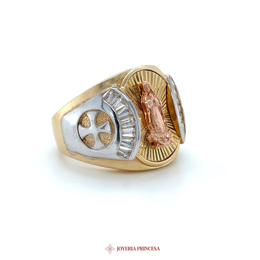 14K Gold Ring with Virgin Mary Motif and Zirconias