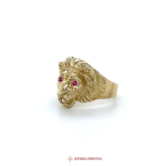 10K Gold Lion Head Ring with Ruby and CZ Stones