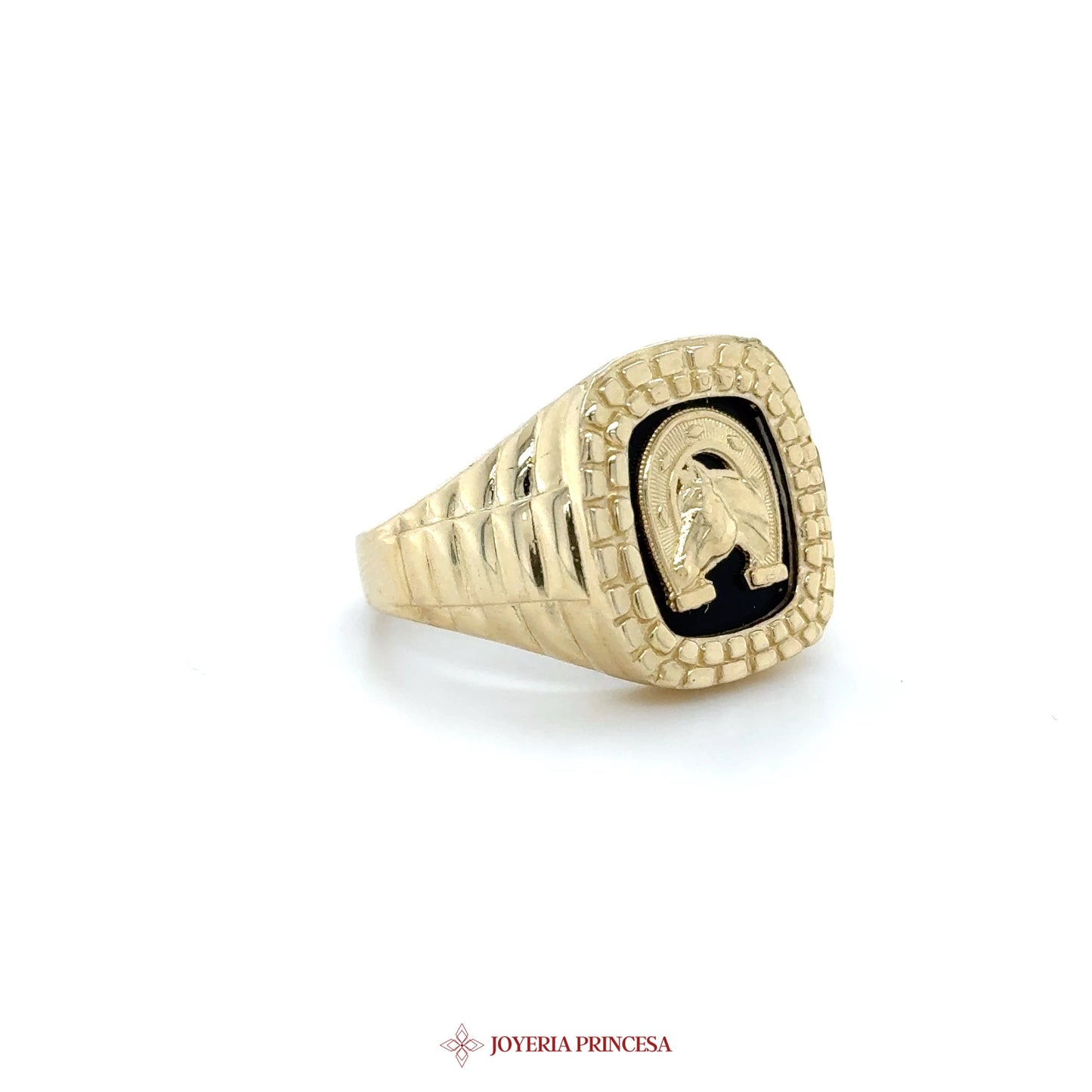 10K Gold Ring with Black Enamel and Horse Motif