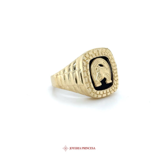 10K Gold Ring with Black Enamel and Horse Motif