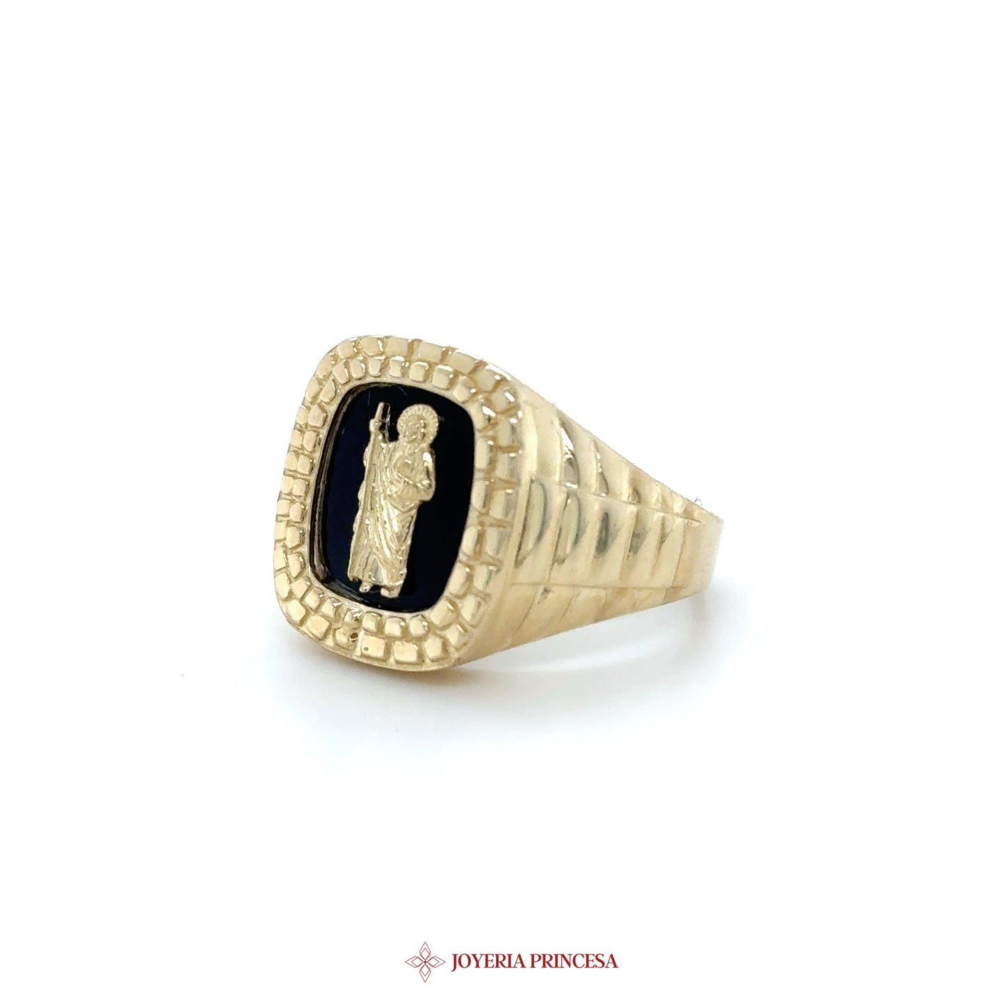 10K Gold Religious Motif Signet Ring with Black Enamel