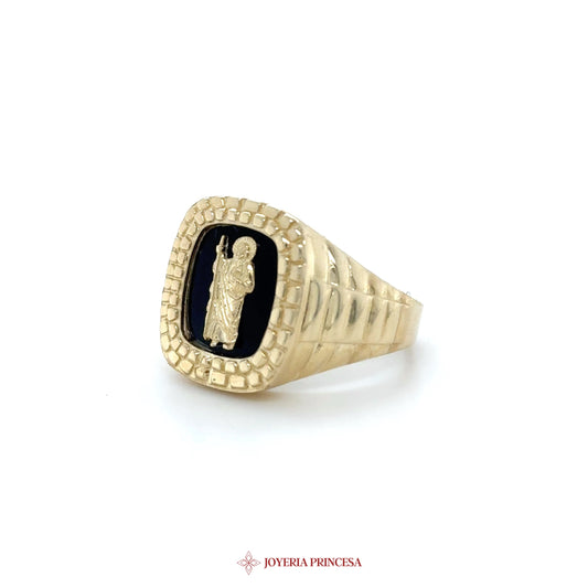 10K Gold Religious Motif Signet Ring with Black Enamel