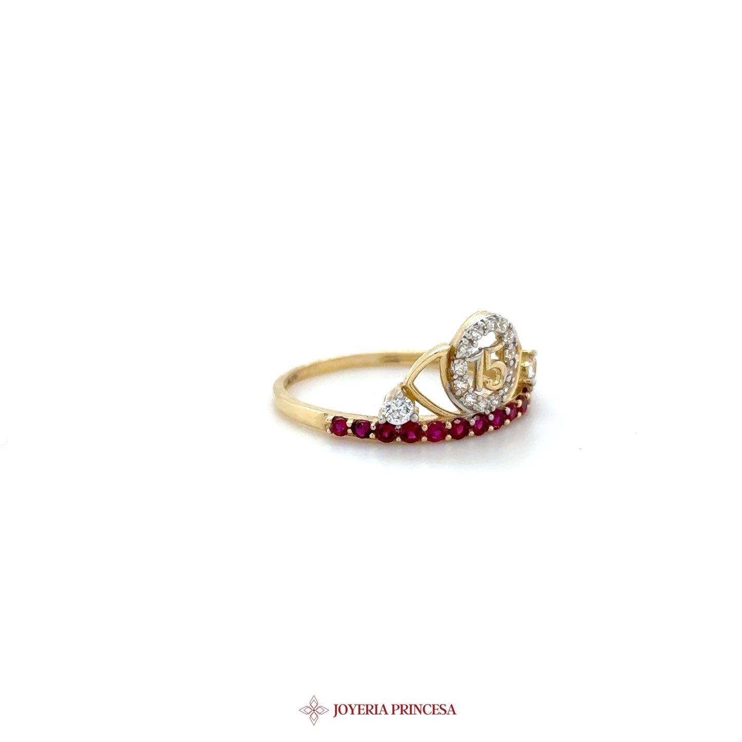 14K Gold Quinceanera Ring with Zirconia and Rubies