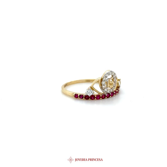 14K Gold Quinceanera Ring with Zirconia and Rubies