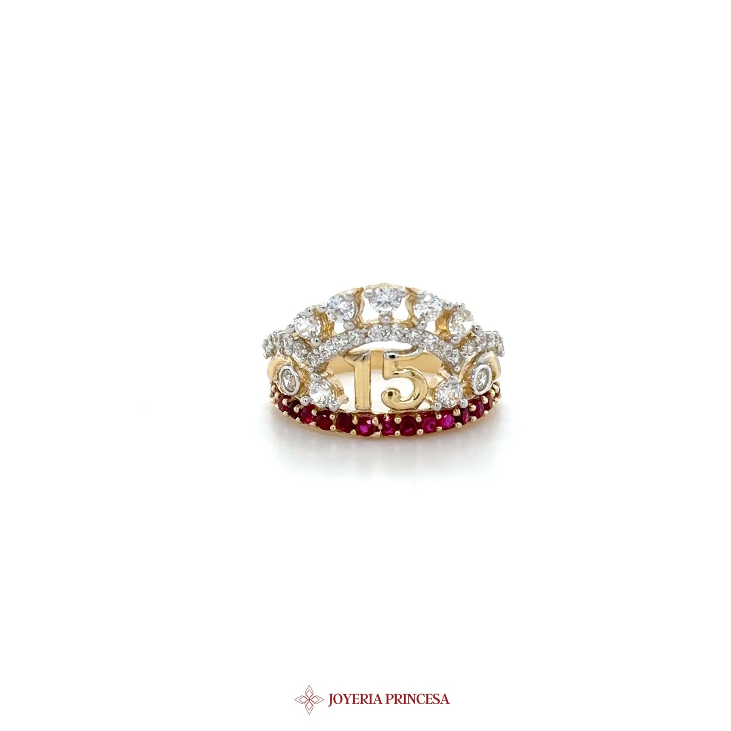 14K Gold Quinceanera Ring with Red Zirconias and Clear Stones