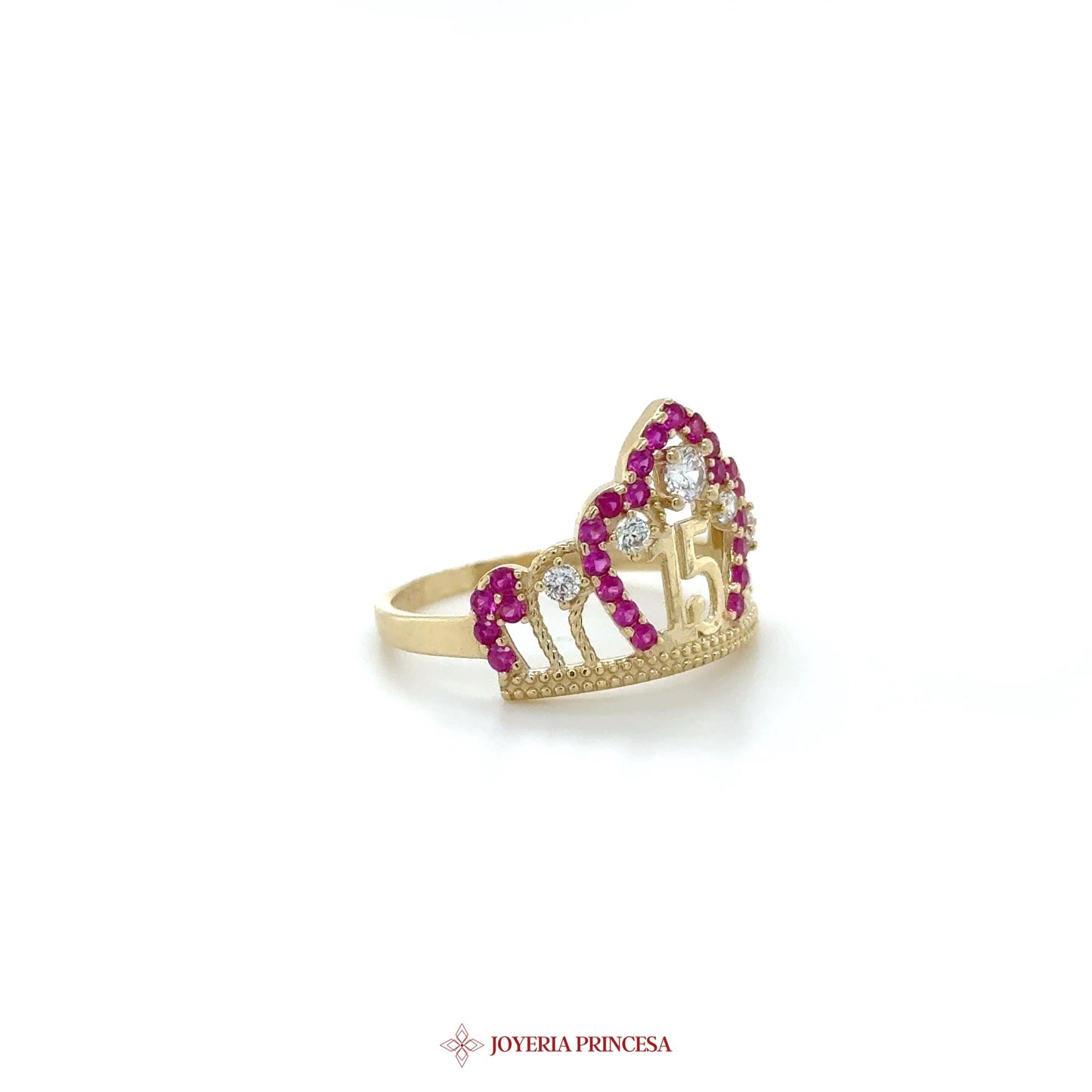 14K Gold Quinceanera Crown Ring with Pink Zirconias