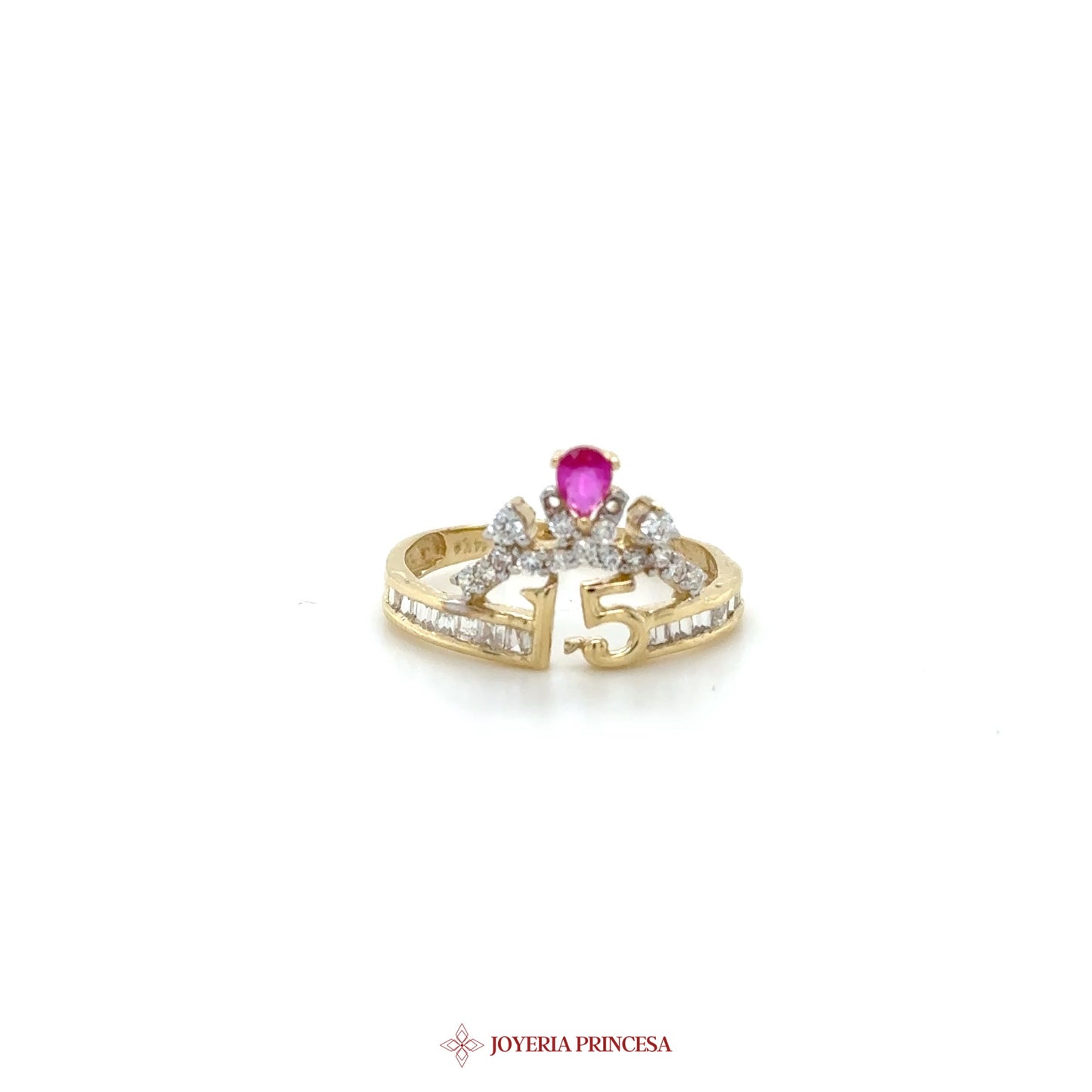 14K Gold Quinceañera Ring with Ruby and Zirconia Accents