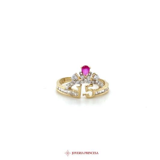 14K Gold Quinceañera Ring with Ruby and Zirconia Accents