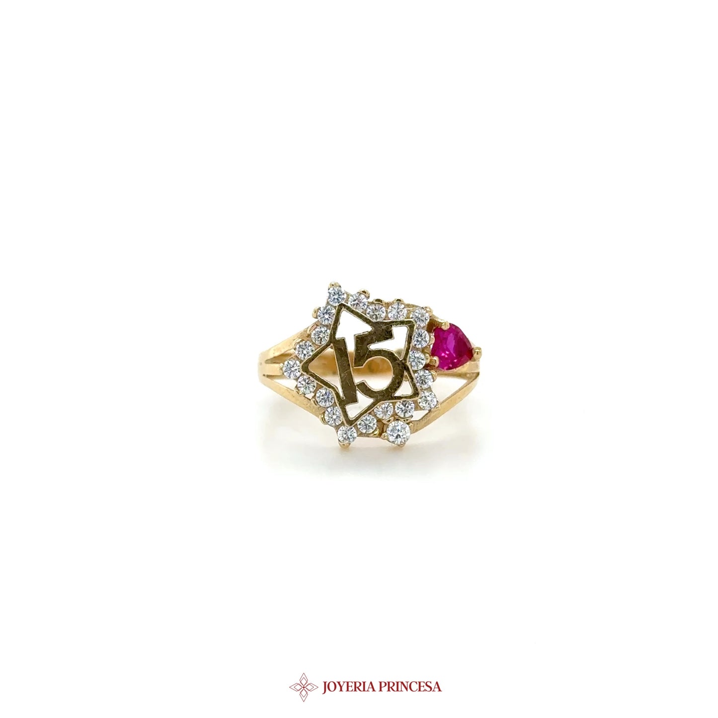 14K Gold Quinceanera Ring with Ruby and Zirconias