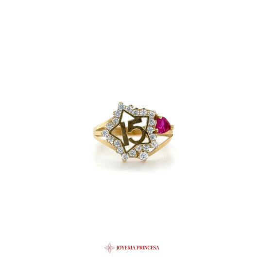 14K Gold Quinceanera Ring with Ruby and Zirconias