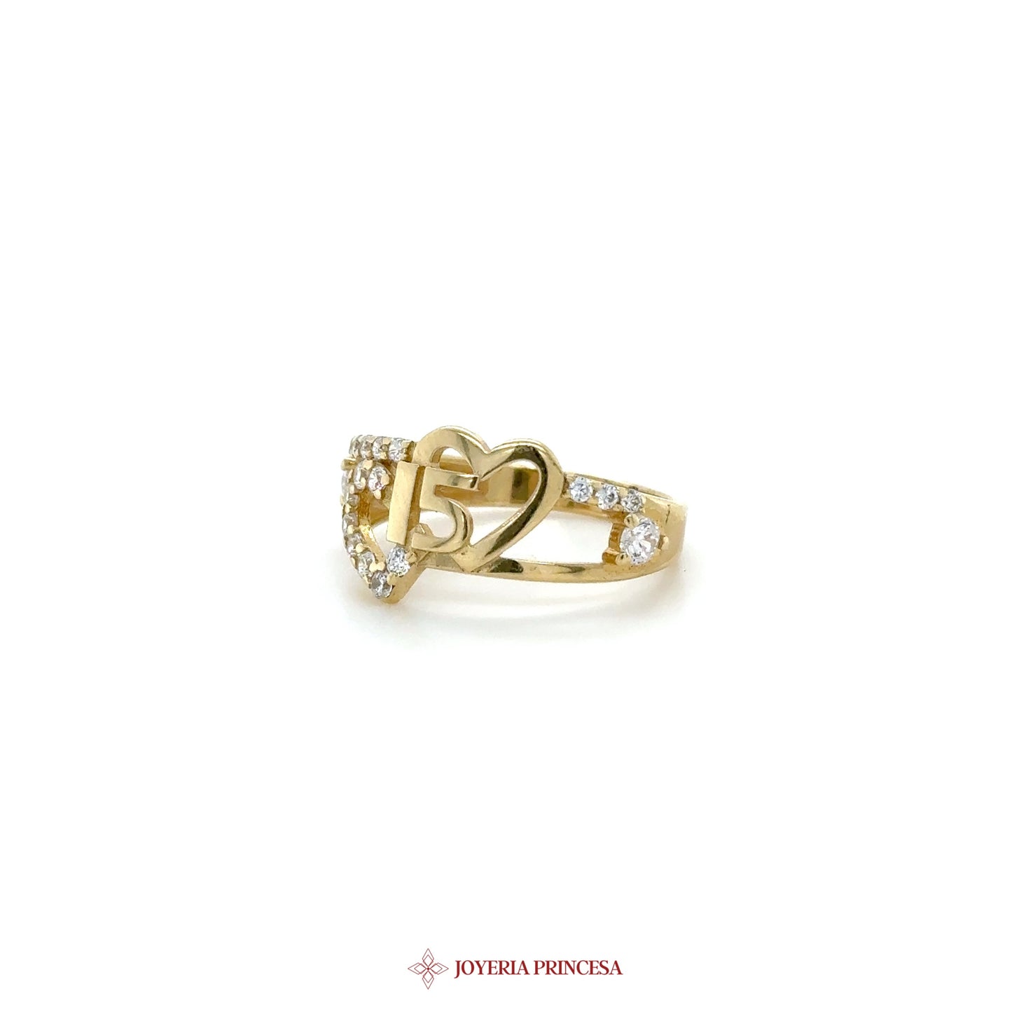 14K Yellow Gold Quinceanera Heart Ring with Zirconias