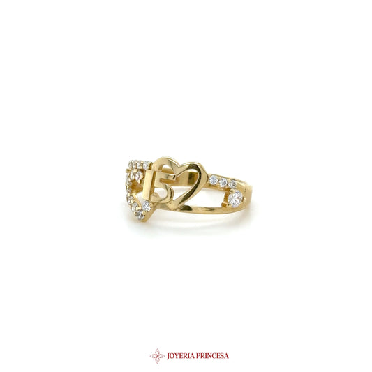 14K Yellow Gold Quinceanera Heart Ring with Zirconias