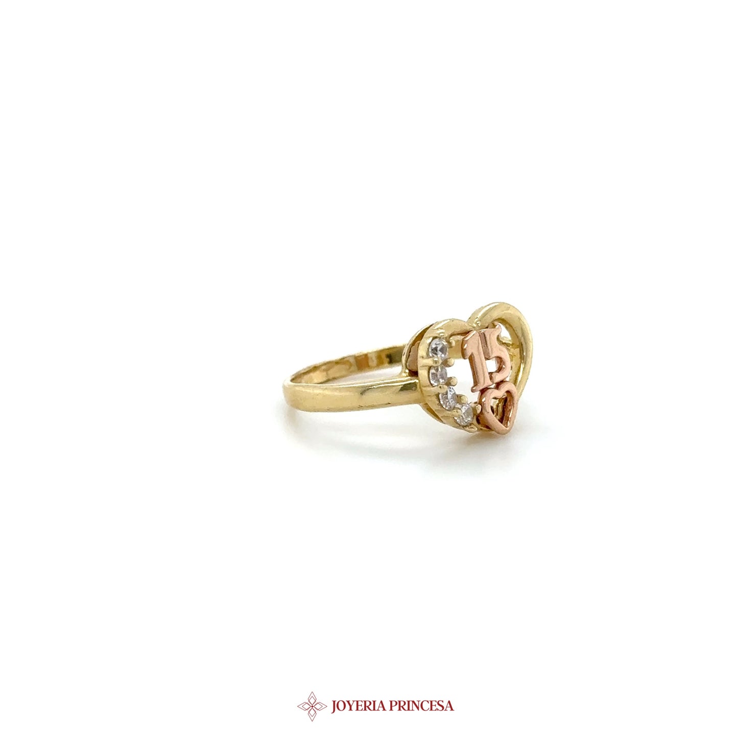 14K Gold Quinceanera Heart Ring with Zirconia Stones