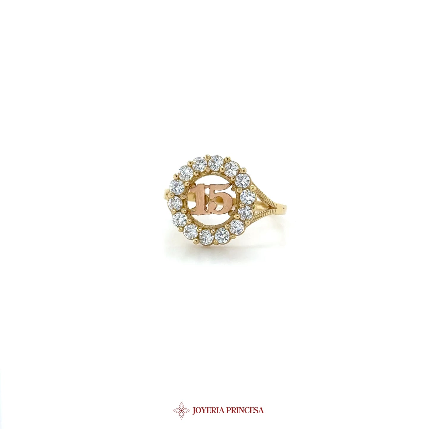 14K Gold Quinceañera Ring with Zirconia Stones and Number 15