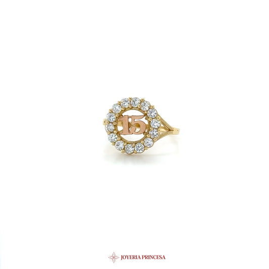 14K Gold Quinceañera Ring with Zirconia Stones and Number 15