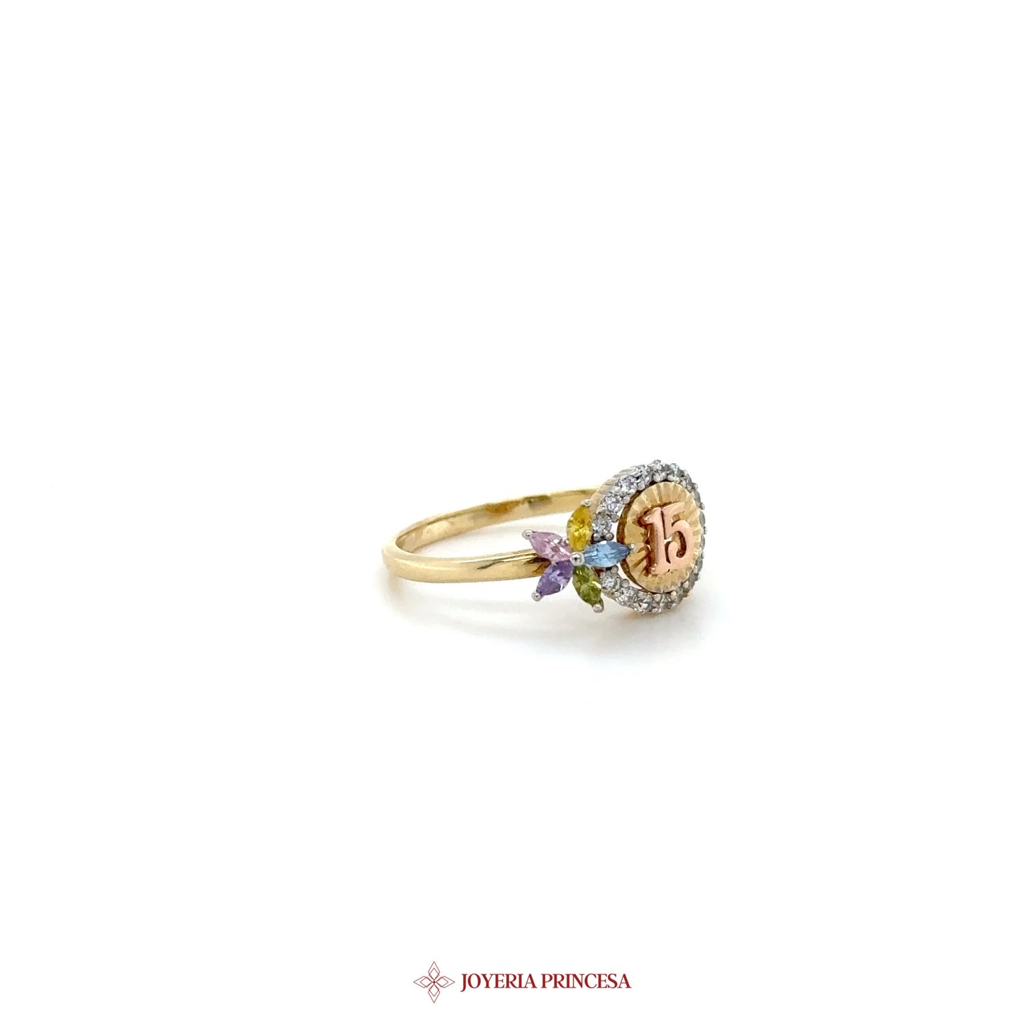 14K Yellow Gold Quinceanera Ring with Zirconia Flowers