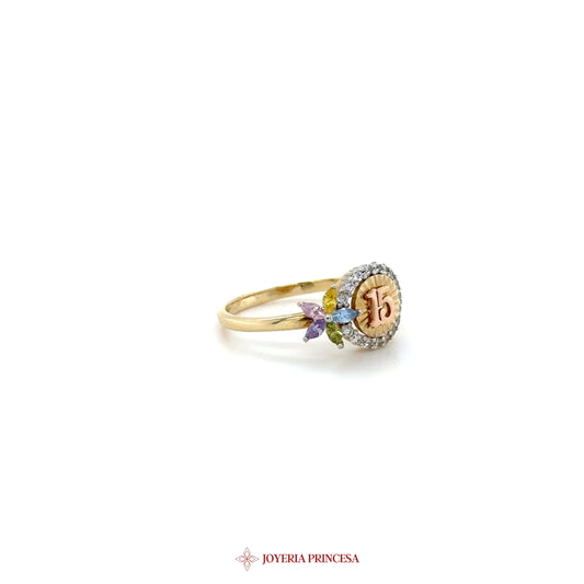 14K Yellow Gold Quinceanera Ring with Zirconia Flowers