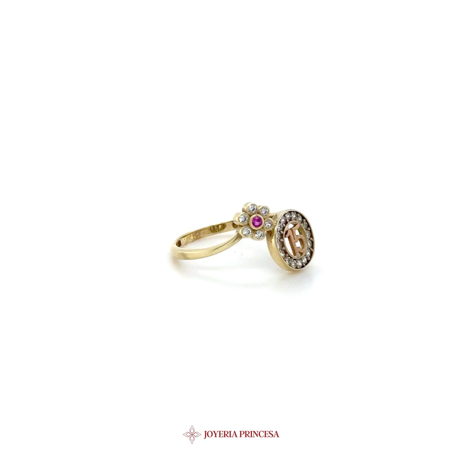 14K Gold Quinceanera Ring with Zirconia and Flower Motif