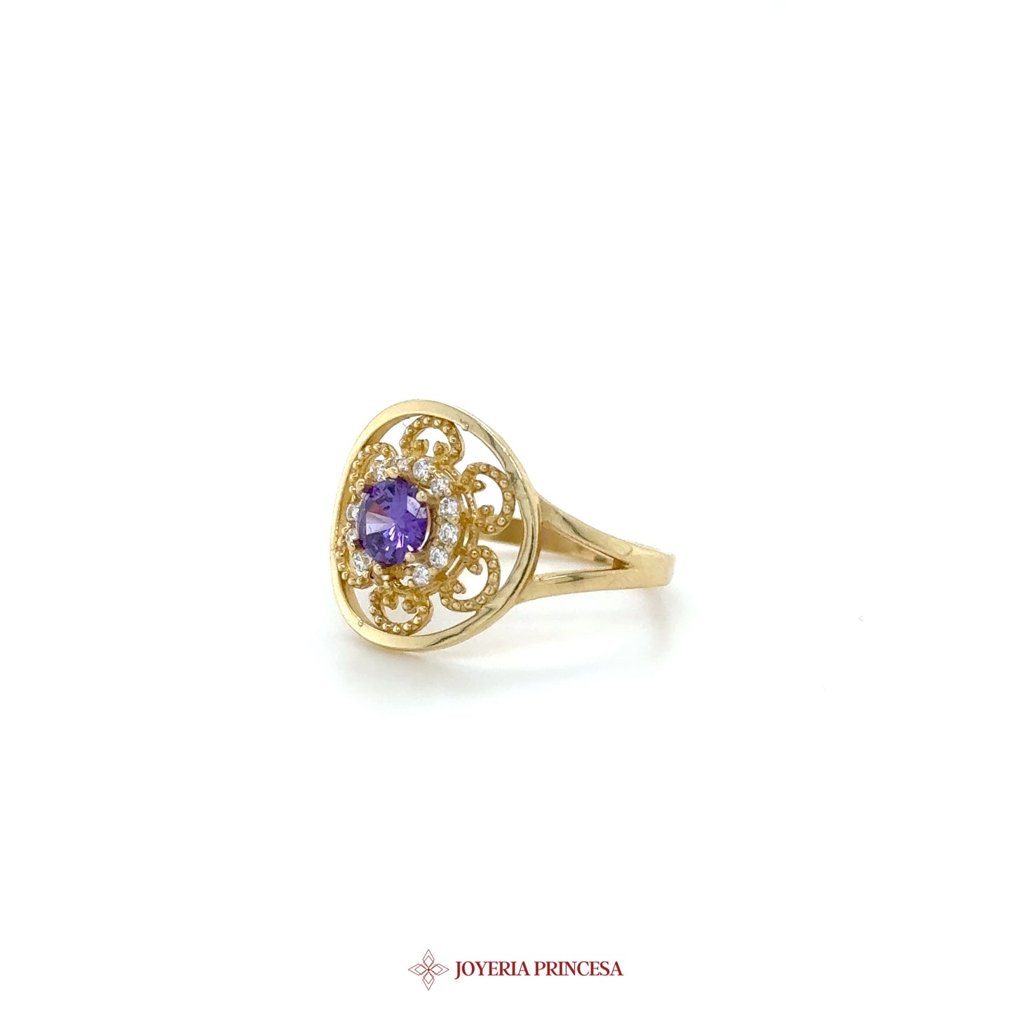 14K Gold Filigree Ring with Purple Zirconia