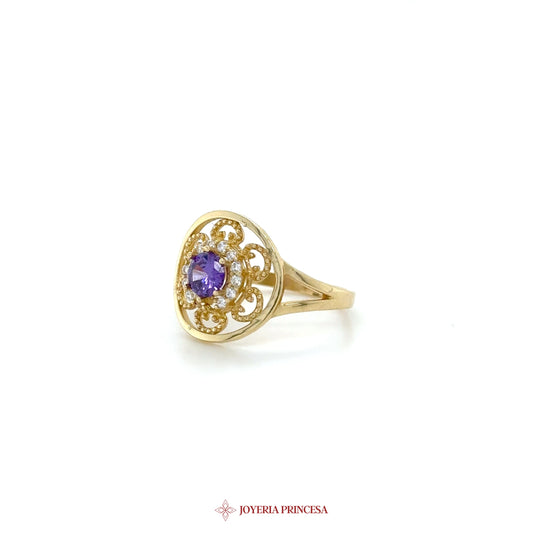 14K Gold Filigree Ring with Purple Zirconia
