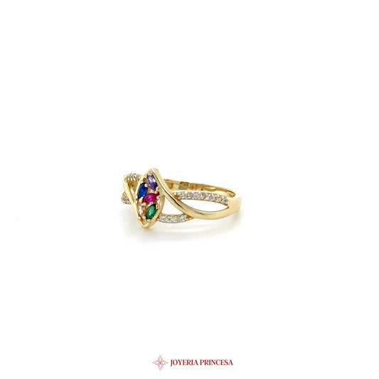 14K Gold Multi-Stone Dangle Ring with Zirconias