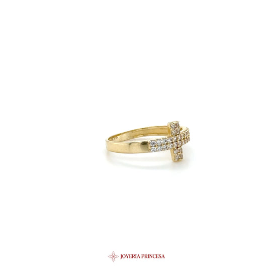 14K Gold Cross Motif Ring with Zirconia Stones