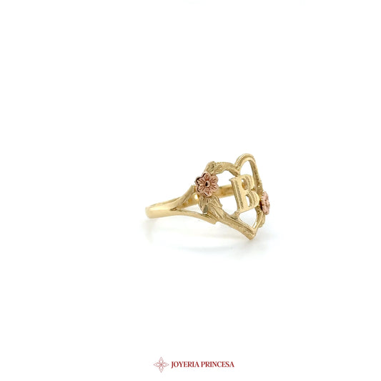 14K Gold Heart-Shaped Initial Ring with Zirconias