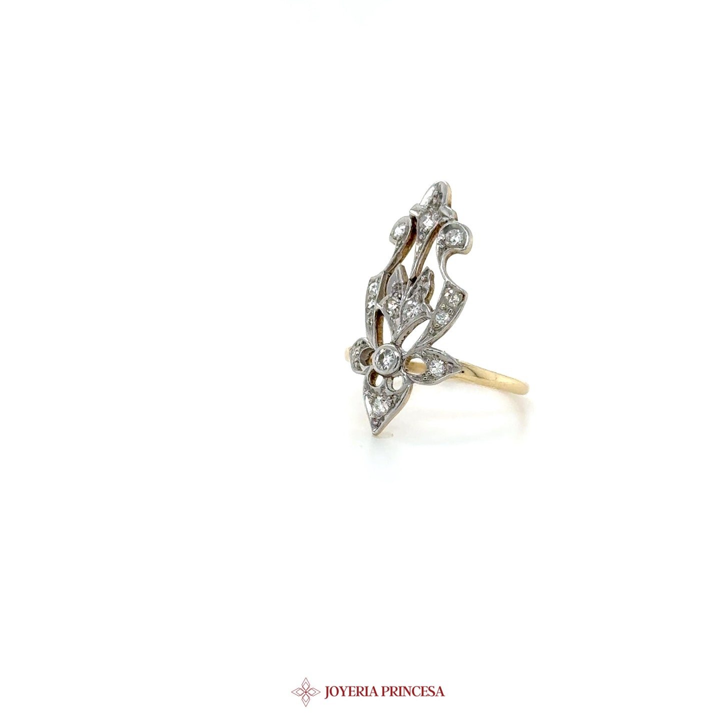 14K Gold Artistic Floral Design Ring with Zirconias