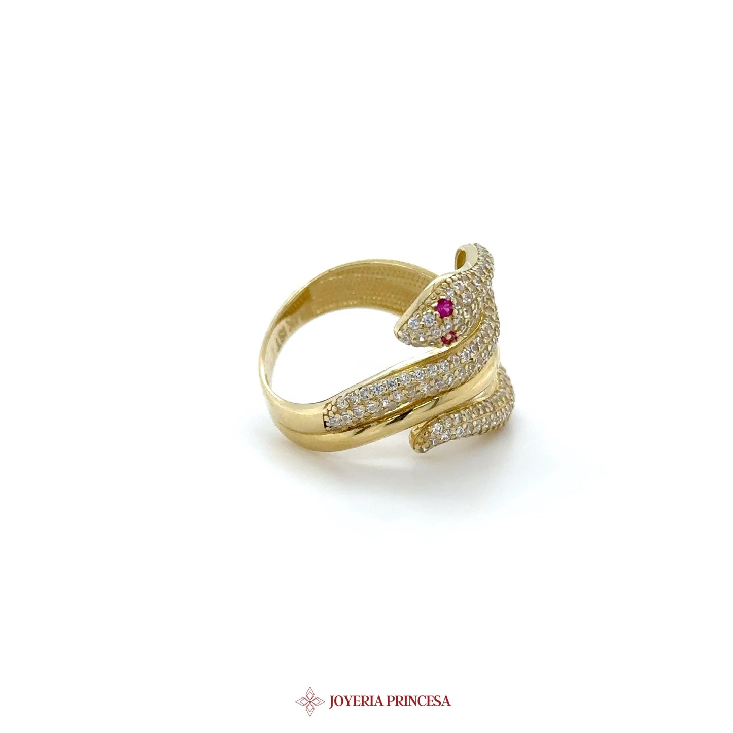 14K Gold Snake Ring with Zirconias and Ruby Accents