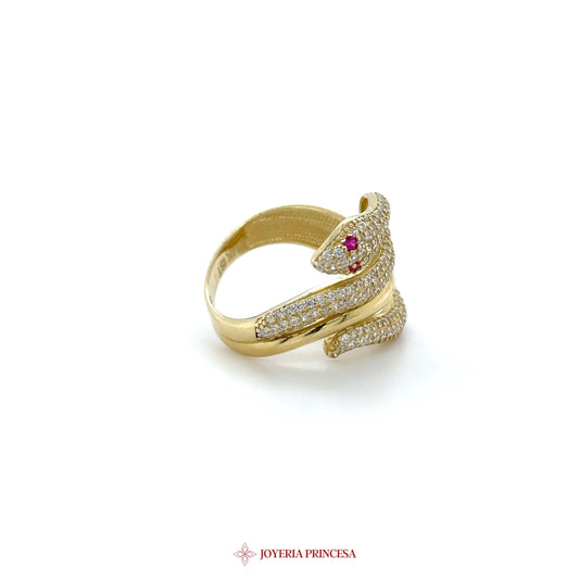 14K Gold Snake Ring with Zirconias and Ruby Accents