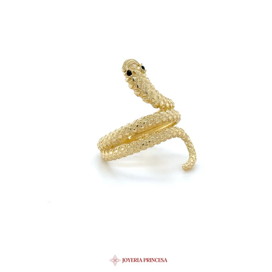 14K Gold Snake Wrap Ring with Black CZ Eyes