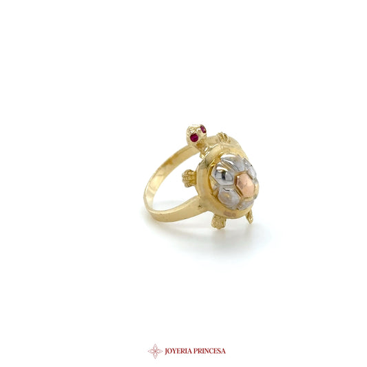 14K Gold Turtle Motif Ring with Zirconia and Red Accent