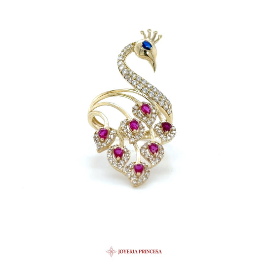 14K Gold Peacock Ring with Pink Zirconias and Blue Stone