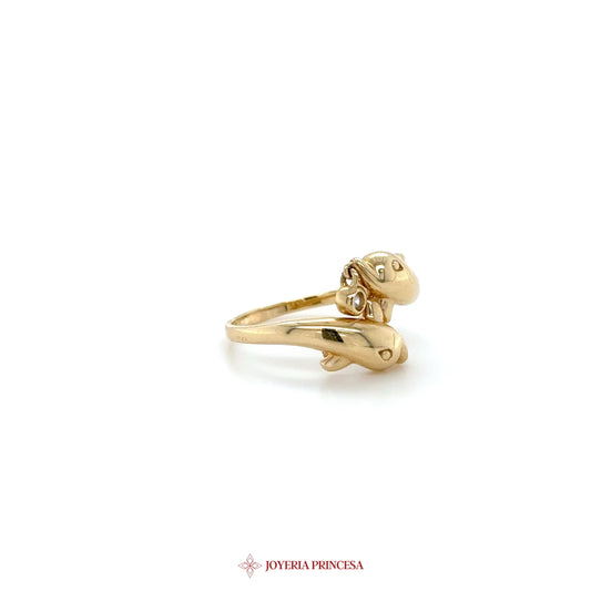 14K Gold Dolphin Motif Ring with Zirconias