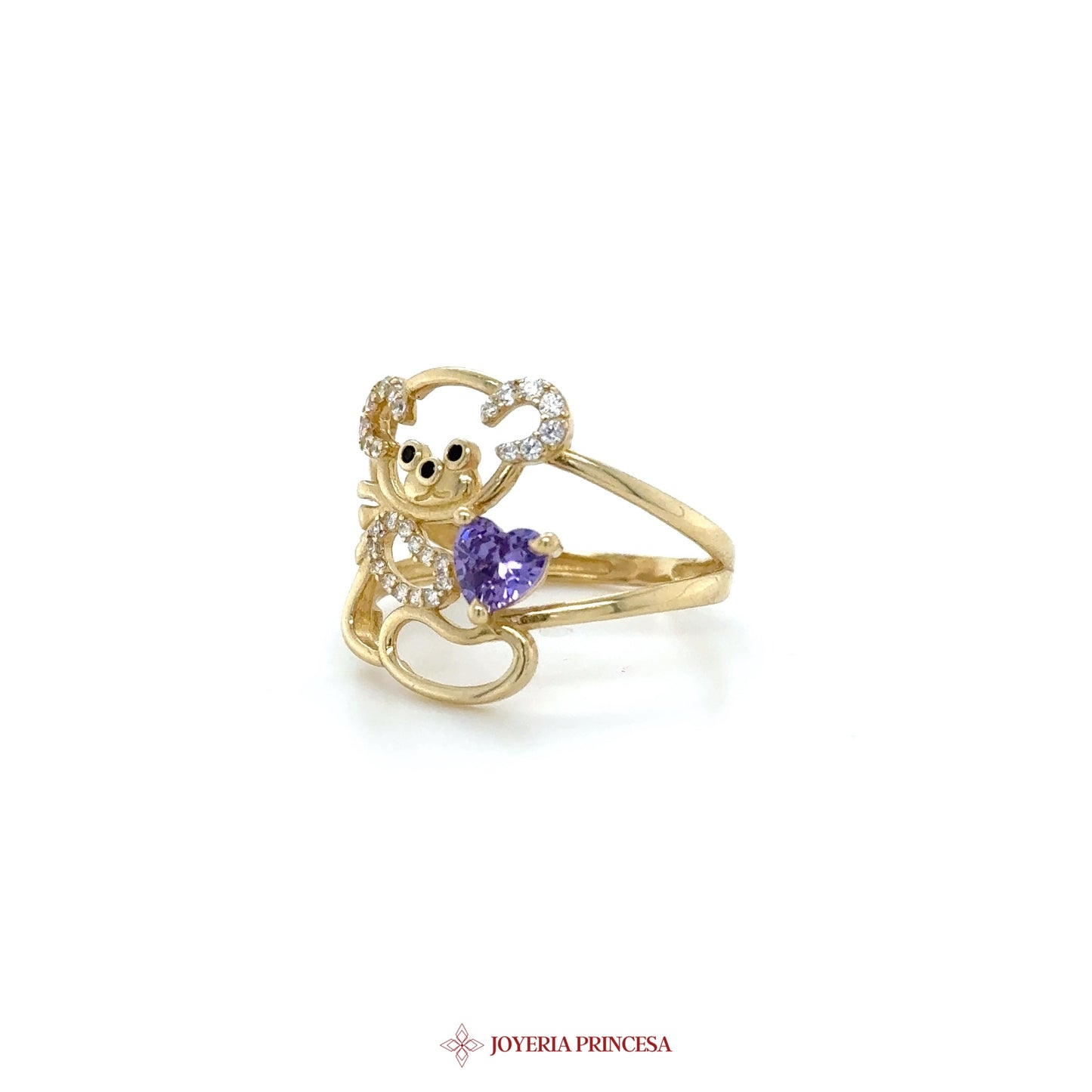 14K Gold Bear Motif Ring with Amethyst and Zirconia