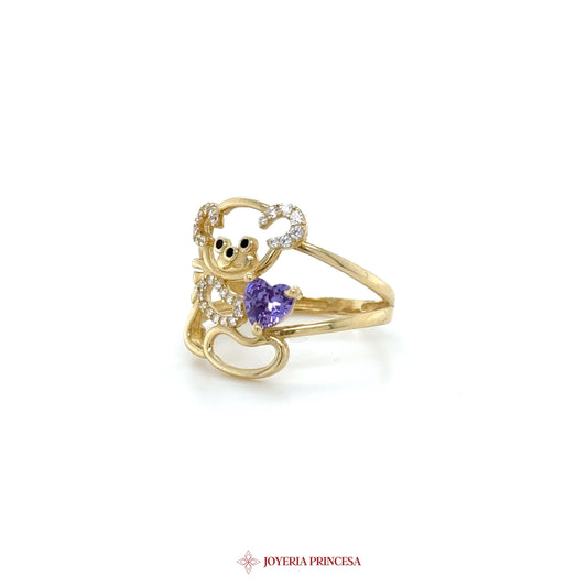 14K Gold Bear Motif Ring with Amethyst and Zirconia