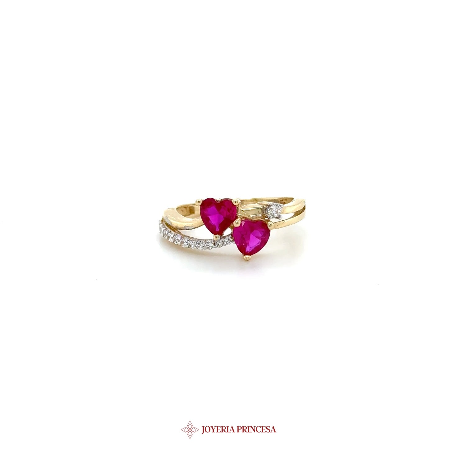 14K Gold Double Heart Ruby and CZ Ring