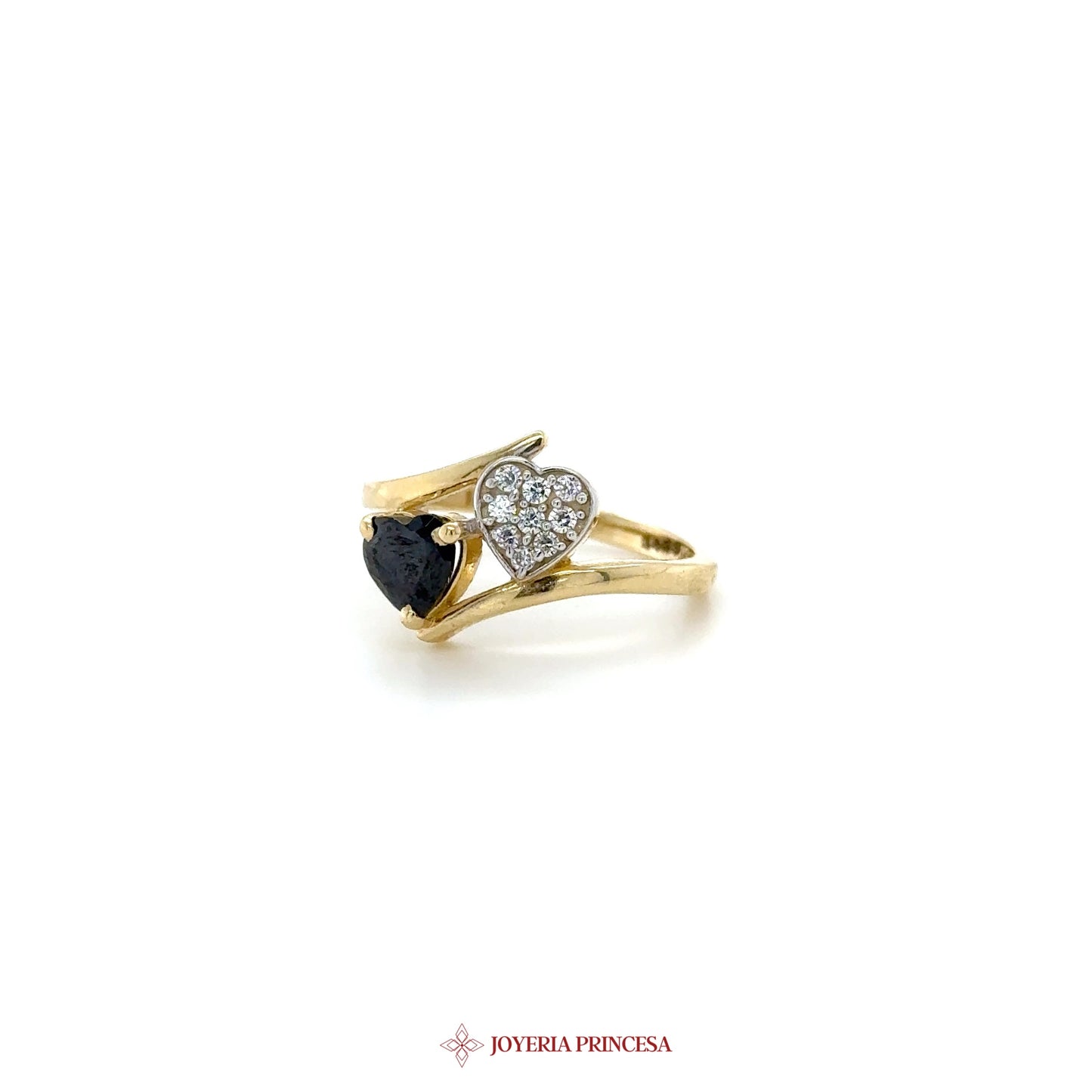 14K Gold Heart Ring with Black and Clear Zirconia