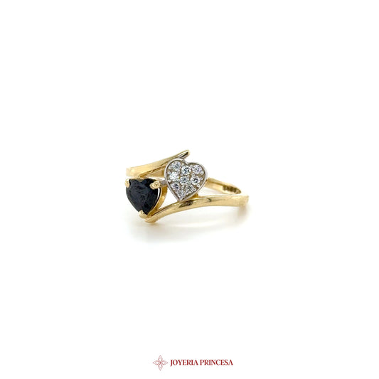 14K Gold Heart Ring with Black and Clear Zirconia