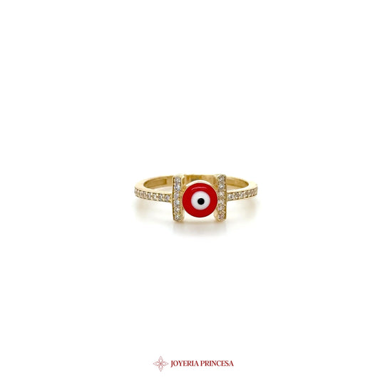14K Gold Red Eye Motif Ring with Zirconia Accents