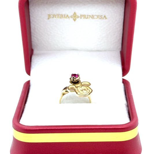 14K Gold Playful Ring with Ruby CZ and Floral Motif