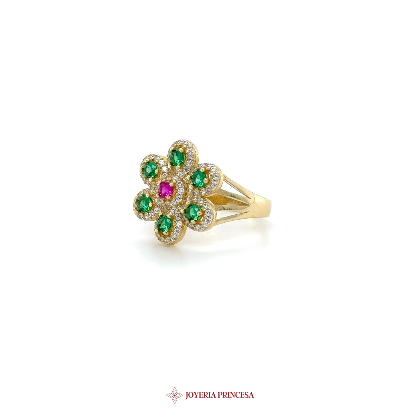 14K Gold Flower Ring with Green and Pink Zirconias