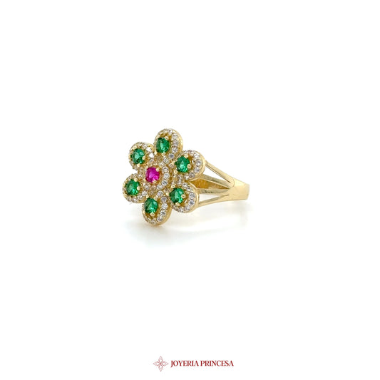 14K Gold Flower Ring with Green and Pink Zirconias